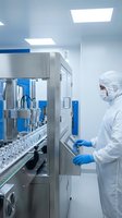 Pharmaceutical technician in sterile cleanroom operating automated production line equipment for drug manufacturing and quality control processes.