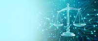 Digital justice scales with circuit board patterns and glowing connections on turquoise background for legal technology and AI law concepts.