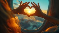Silhouetted hands forming heart shape against sunset sky through airplane window, dramatic orange sunlight illuminating clouds below, romantic travel moment.
