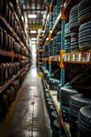 Rows of stacked tires on metal shelving in automotive warehouse, narrow aisle perspective with depth of field highlighting inventory organization.