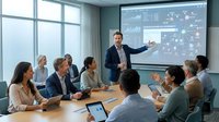 Business team in modern conference room analyzing data on interactive display screen during corporate meeting presentation.