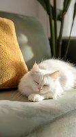 White fluffy cat sleeping peacefully on gray couch in warm sunlight next to yellow pillow and green plant, creating cozy home atmosphere.