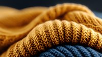 Cozy knitted texture close up showing mustard yellow and navy blue wool fabric with ribbed pattern detail. Soft winter garment macro photography.