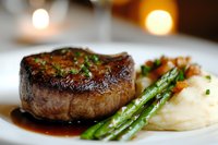Juicy grilled beef tenderloin steak served with creamy mashed potatoes, sauteed green asparagus spears and rich brown sauce on white plate in restaurant.