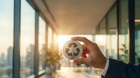 Businessman holding recycling symbol in modern office with city view at sunset, promoting green business and corporate sustainability concept.