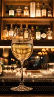 Glass of sparkling white wine on bar counter with blurred bottles in background. Elegant champagne in crystal stemware at upscale restaurant or pub setting.