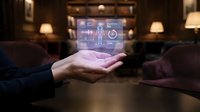 Futuristic holographic medical interface floating above open palm showing human anatomy and health data in modern office setting for healthcare technology.