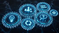Digital transformation concept with glowing blue gears containing business icons on dark technological background for corporate innovation presentations.