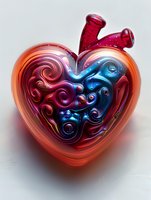 Anatomical heart stylized in vibrant red and blue metallic swirls with ornate baroque patterns, featuring artistic interpretation of blood vessels and cardiac chambers.