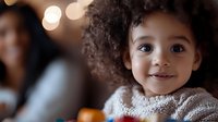 Smiling mixed race child with curly afro hair wearing cozy sweater against blurred bokeh lights background, expressing joy and innocence.