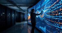 Male data scientist analyzing complex digital information on large interactive display wall in modern server room for business intelligence and analytics.