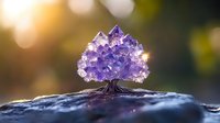 Purple amethyst crystal cluster shaped like tree of life on dark stone surface with soft bokeh background and sunlight creating magical atmosphere.