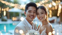 Young Asian couple celebrating wedding day outdoors with romantic bokeh lights and swimming pool background, bride in white lace dress and groom in formal attire.