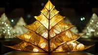 Golden illuminated leaf arranged in triangular Christmas tree shape with bokeh lights background, festive holiday decoration.