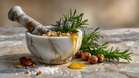 Marble mortar with pestle, fresh rosemary sprigs, hazelnuts, honey, and salt on rustic stone surface, ideal for culinary and wellness content.
