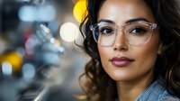 Professional Hispanic woman scientist wearing clear glasses in modern laboratory with microscope and bokeh lights background for research concepts.