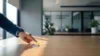 Business professional placing golden puzzle piece on wooden desk in modern office environment symbolizing problem solving and strategic solutions.