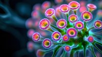 Microscopic view of colorful virus particles showing detailed spike proteins in pink and yellow against dark background, scientific visualization for medical research and education.