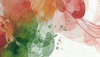 Ethereal watercolor splashes in coral pink and sage green create dreamy abstract background with flowing organic shapes and delicate paint splatters. Artistic design element.