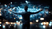 Silhouette of businessman with arms spread wide facing glowing financial charts and market data visualization on dark background with bokeh light effects.