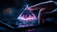 Glowing pyramid hologram with pink and blue light particles emerging from digital tablet screen as finger touches interactive display. Futuristic technology concept.