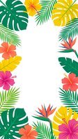 Tropical frame with vibrant hibiscus flowers, palm leaves, monstera and bird of paradise on white background for summer designs and vacation themes.