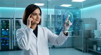 Female scientist in white lab coat interacting with futuristic holographic interface in modern laboratory for medical research and technology innovation.
