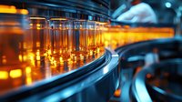 Glowing amber liquid samples in test tubes on automated laboratory carousel system against dark background with blue accents, scientific research concept.