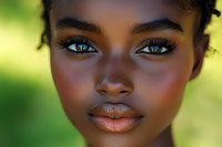 Close-up portrait of young African American woman with striking green eyes and natural makeup against soft blurred green background outdoors.