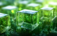 Translucent green glass cubes with soft focus background create abstract geometric composition. Crystal blocks catch light showing depth and transparency in macro view.