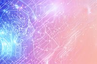 Futuristic artificial intelligence concept with glowing circuit patterns and neural network visualization on gradient blue and pink background for technology presentations.