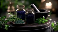 Dark blue dried herbs in glass jars with fresh green plants and mortar pestle on wooden tray, moody natural medicine composition with soft bokeh lighting.