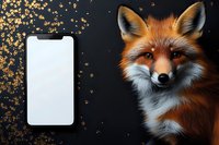 Red fox portrait with blank smartphone screen on black background with gold glitter accents. Perfect for digital mockup or wildlife theme.