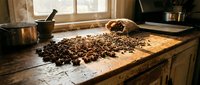 Freshly roasted coffee beans scattered on rustic wooden kitchen counter with warm natural lighting for cafe branding and culinary content.