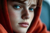 Close up portrait of young woman with natural freckles and bright blue eyes wearing red hood, looking directly at camera with intense gaze against blue background.