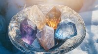 Healing crystals amethyst, citrine, clear quartz and aquamarine on glass plate with sunlight creating magical glow and reflections. Spiritual wellness concept.