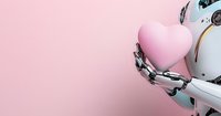Robotic hand holding pink heart against pastel background, artificial intelligence meets emotion concept. Future of empathy and care technology.