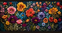 Vibrant folk art floral pattern with colorful poppies, wildflowers and botanical elements on dark background, featuring pink, orange, purple and yellow blooms with decorative leaves.