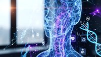 Digital wireframe human head profile with glowing neural network connections and DNA helix symbols representing artificial intelligence and biotechnology.