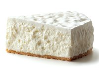Slice of creamy no-bake cheesecake with graham cracker crust on white background, showing rich texture and layers. Isolated dessert ready for menu or packaging design.