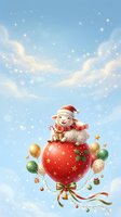 Cheerful lamb wearing Santa hat sitting atop giant red ornament decorated with gold stars, surrounded by colorful baubles and gift boxes against dreamy blue sky with swirling clouds and sparkles.