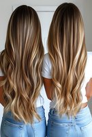 Two women showing long wavy balayage hair in blonde and brown tones, wearing white tops and blue jeans, photographed from behind for hairstyle comparison.