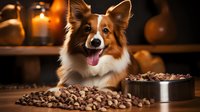 Happy Shetland Sheepdog with dry dog food scattered on wooden table near metal bowl in warm lighting atmosphere with candles glowing in background.