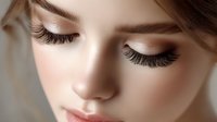 Close up portrait of young caucasian woman with closed eyes, professional makeup, long eyelashes and natural skin tone against light background. Beauty concept.