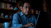 Middle-aged man with dark hair and glasses wearing blue shirt working on laptop at desk with bookshelf background, suitable for business, education, and professional concepts.