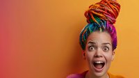 Young woman with colorful braids in high bun hairstyle expressing extreme excitement and joy against vibrant orange background, showing genuine happiness and surprise.