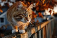 Ginger tabby cat walking on wooden fence at sunset with autumn foliage in background, golden hour lighting creates warm atmosphere.