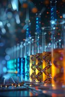 Scientific laboratory glassware with glowing blue and amber liquids against dark background with bokeh effects, perfect for research and innovation concepts.