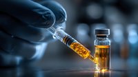 Medical professional drawing amber liquid from vial into syringe, demonstrating pharmaceutical preparation in clinical setting with dramatic lighting.
