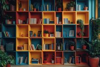 Colorful bookshelf with orange, yellow and teal compartments filled with books and potted plants creating cozy home library atmosphere.